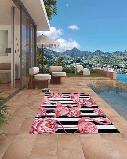Outdoor Rug 4x6 ft Pink Floral Flamingos Outdoor Large Area Rug Non Slip Rubber Black Stripes Front Door Mat RV Rug Camping Carpet Patio Outdoor Rugs for Backyard Balcony Deck Porch Indoor Outside