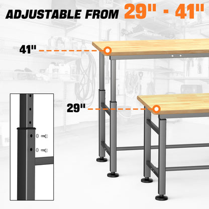 TORACK Adjustable Workbench with Rubberwood Top, 47.75" x 23.25" Heavy-Duty Garage Work Table, Height Adjustable 29"–41", Supports Up to 2000 lbs