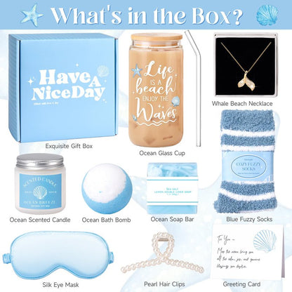 Gift Baskets for Women, 9pcs Unique Happy Birthday Gifts for Women, Best Ocean Christmas Gifts Ideas Relaxing Spa Set Blue Inspirational Get Well Box for Her Sister Friend Friendship Mom