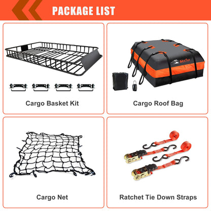 Roof Rack Carrier Carrier Basket 65"*39"*6"+Waterproof Bag 20 Cubic Feet(51"*40"*17"),and Cargo Net with Attachment Hooks,Ratchet Straps.200 Lbs Capacity,Universal Rooftop Large Size Roof Rack Update