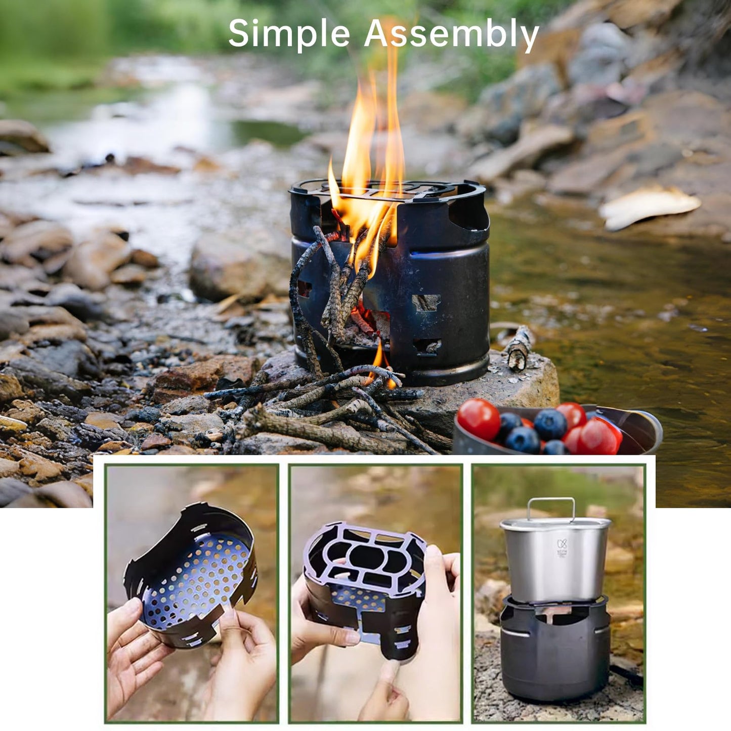 KEITH Titanium Ti3061 Canteen Mess Kit with Stove 1100 ml Titanium Kettle Wood Stove 700 ml Camping Pot with Folding Handle 350 ml Tactical Mug Storage Bag Suitable for Hiking and Mountaineering