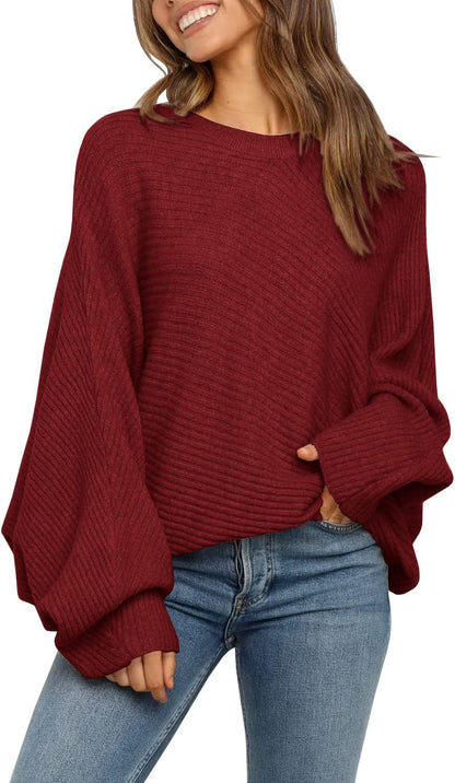 Mafulus Women's Oversized Crewneck Sweater Batwing Puff Long Sleeve Cable Slouchy Pullover Jumper Tops