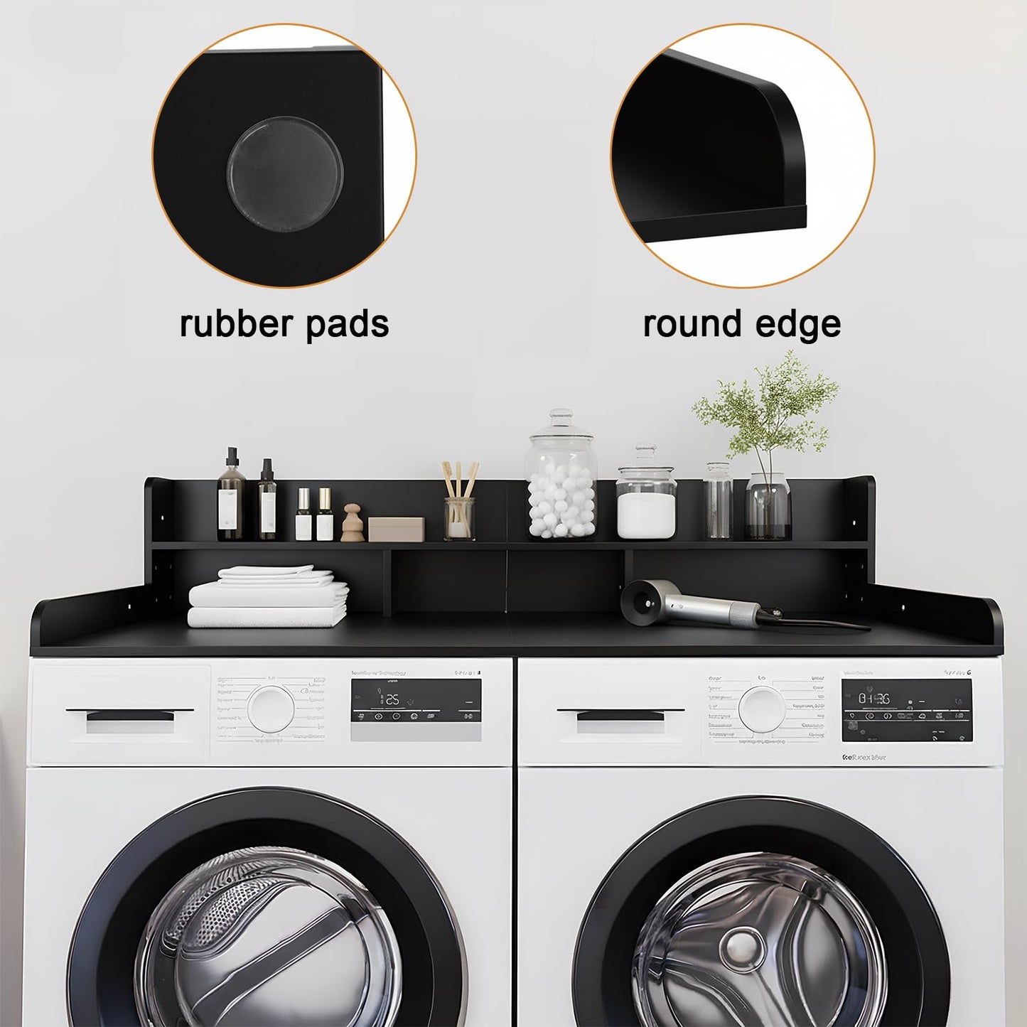 HMAZAE Washer Dryer Countertop with Shelf, 2-Tier Laundry Countertop Over Washer and Dryer, 54" x 27.55" Wooden Table for Folding Clothes for Laundry Room Organization and Storage (Black)