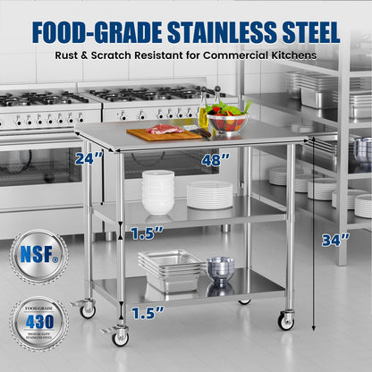 Chingoo Stainless Steel Work Table with Wheels, 24x48 Inch NSF Food Prep Table with Backsplash & 2 Adjustable Undershelves for Commercial Kitchen, Restaurant, Garage
