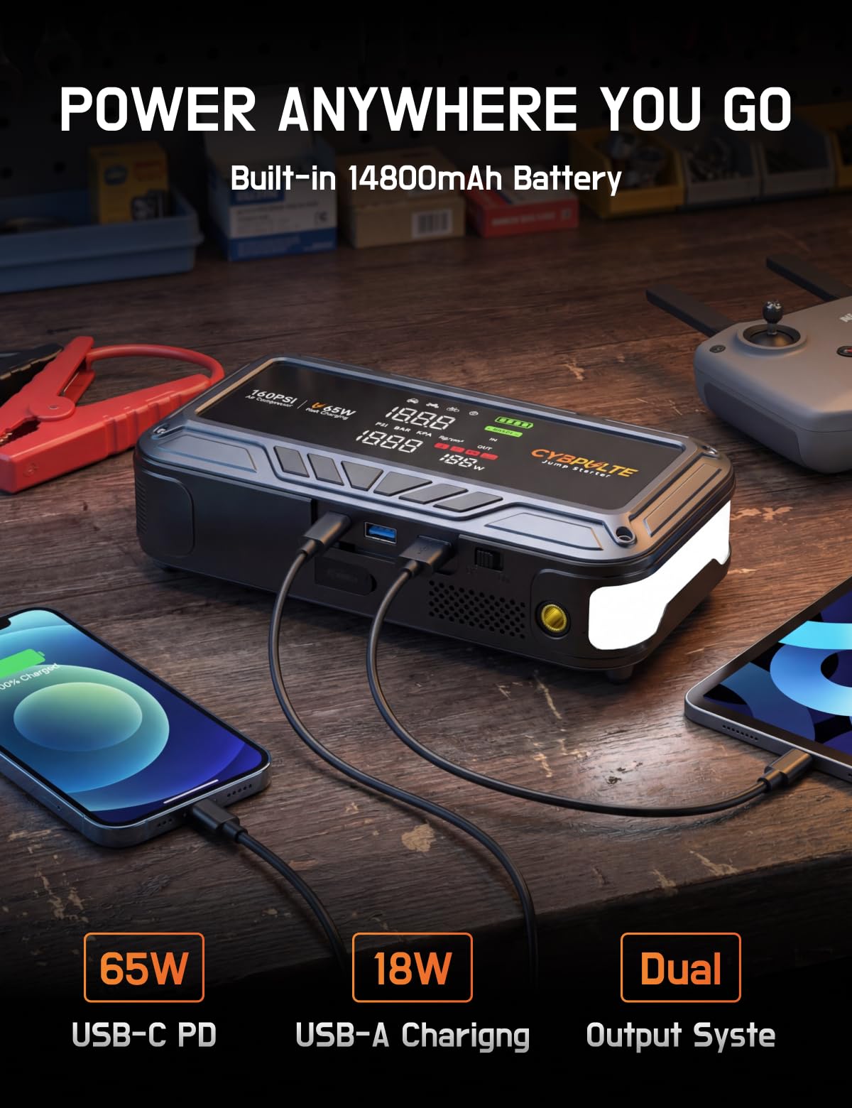 Jump Starter with Air Compressor, 8000A 160 PSI Portable Car Battery Jump Starter with LCD Display, 65W USB-C Fast Charging, All-in-One Emergency Jump Box for All Gas 14L Diesel