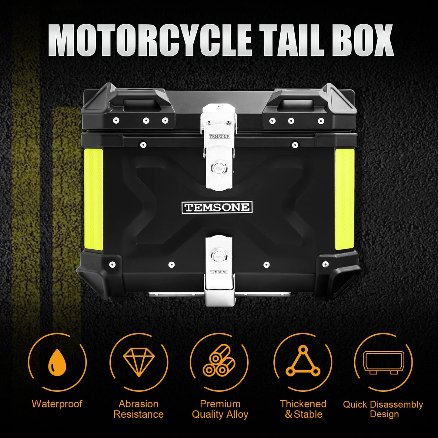 TEMSONE 45L Universal Motorcycle Top Case, Waterproof Motorcycle Tail Box with Backrest & Handle, Dual-key Storage Carrier Case, Aluminum Trunk Tour Tail Box for Store Helmet