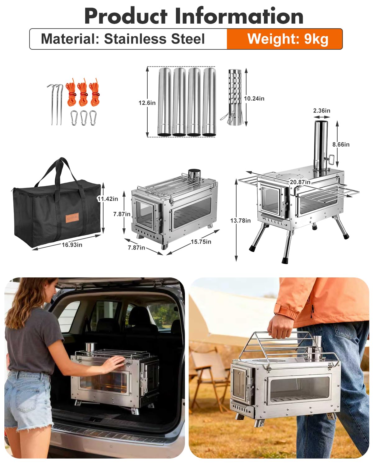 Camping Wood Stove，Wood Burning Tent Stove，Portable Hot Tent Stove for Camping, Hunting, Ice Fishing，Cooking，Shelter