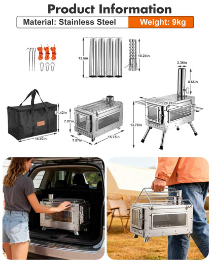 Camping Wood Stove，Wood Burning Tent Stove，Portable Hot Tent Stove for Camping, Hunting, Ice Fishing，Cooking，Shelter