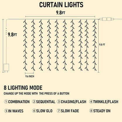 Dazzle Bright 300 LED Curtain String Lights, Waterproof, 8 Lighting Modes, White, Model CL-300CC