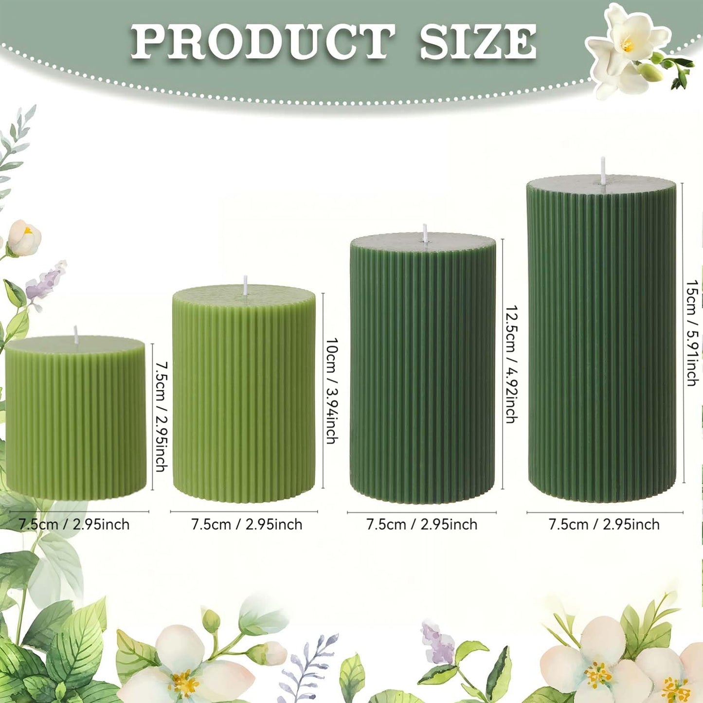 SRCVYLT Ribbed Pillar Candle Set of 4, Width 3" High 3" 4" 5" 6" Large Mixed Soy Wax Scented Pillar Candles Sage Green Ribbed Roman Column Aesthetic for Home Decor Bathroom