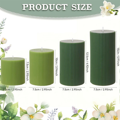 SRCVYLT Ribbed Pillar Candle Set of 4, Width 3" High 3" 4" 5" 6" Large Mixed Soy Wax Scented Pillar Candles Sage Green Ribbed Roman Column Aesthetic for Home Decor Bathroom