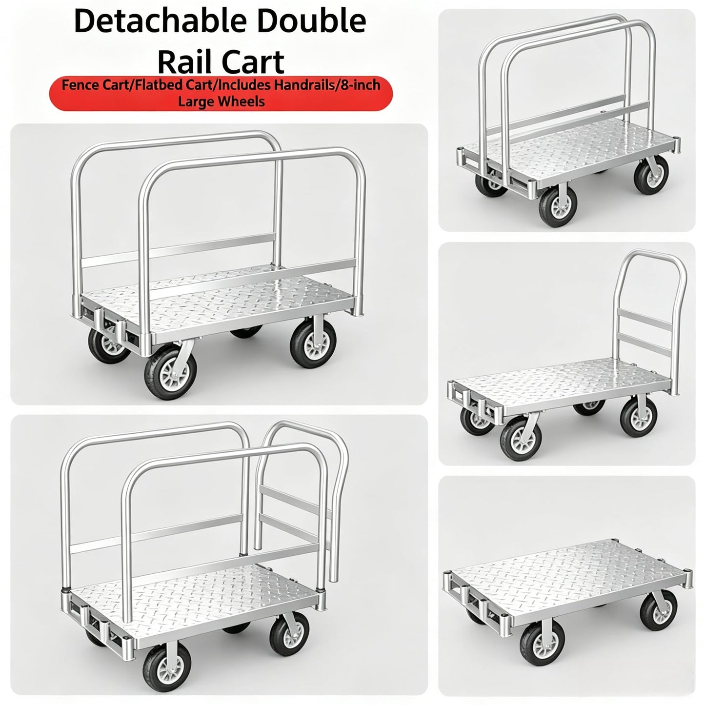 Foldable Panel Push Cart Dolly,2IN1 Steel Plate Platform Truck,36"×24" Heavy Duty Moving Hand Truck Flatbed Cart,2200LBS Capacity with 6.5'' Swivel Wheels,Detachable Fence 1Front and 2Side Handles