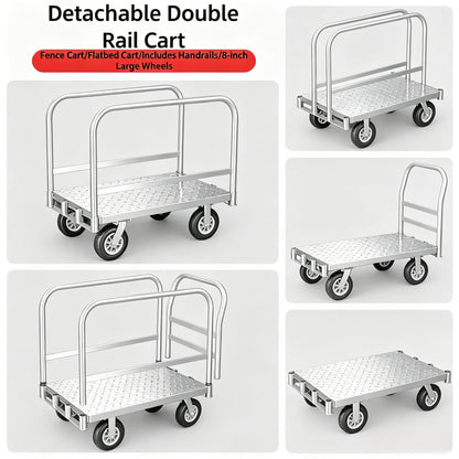 Foldable Panel Push Cart Dolly,2IN1 Steel Plate Platform Truck,36"×24" Heavy Duty Moving Hand Truck Flatbed Cart,2200LBS Capacity with 6.5'' Swivel Wheels,Detachable Fence 1Front and 2Side Handles