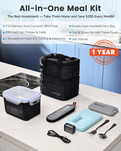 LUNCHGO® G1 Cordless Electric Heated Lunch Box, Battery Powered Self Heating Lunch Box, 5-Cup Capacity, 250°F Max, Scheduled Heating, Rechargeable Food Warmer for Work, Travel & Outdoor Use