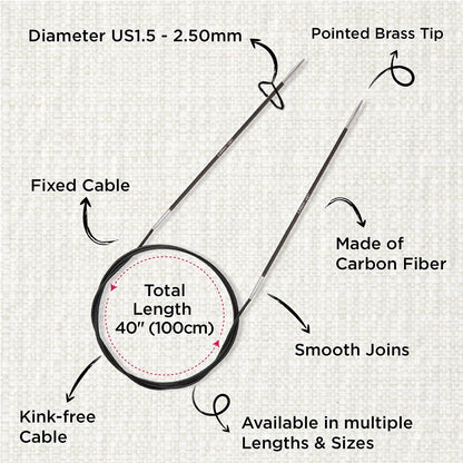 KnitPro Karbonz Fixed Circular Needle 40"(100cm) | US Size 1.5 (2.5mm)