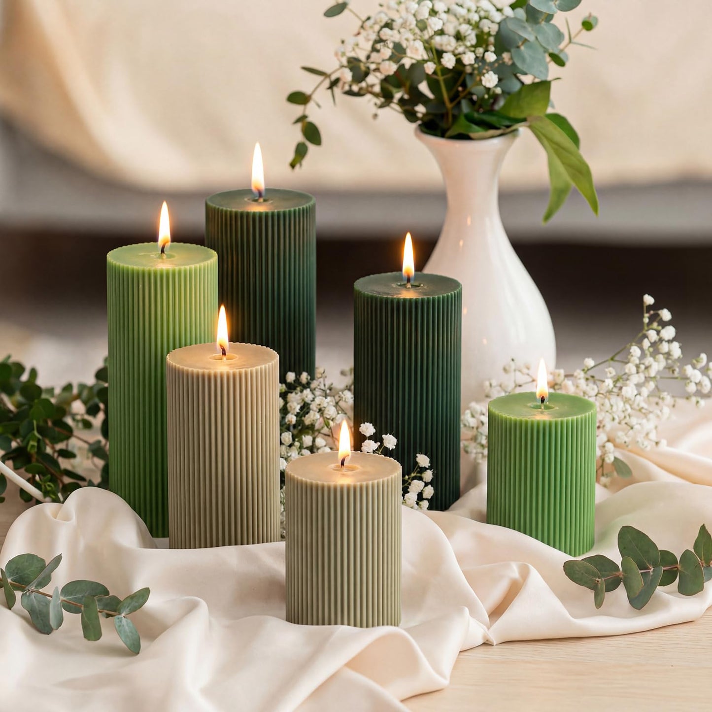 Lyrow 6 Pcs Ribbed Pillar Home Decorative Candles Aesthetic Modern Home Decor Soy Wax Unscented Pillar Candles Width 3" High 4" 6" 8" for Bathroom Living Room Wedding Dinner Party(Green)
