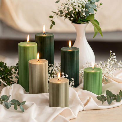 Lyrow 6 Pcs Ribbed Pillar Home Decorative Candles Aesthetic Modern Home Decor Soy Wax Unscented Pillar Candles Width 3" High 4" 6" 8" for Bathroom Living Room Wedding Dinner Party(Green)