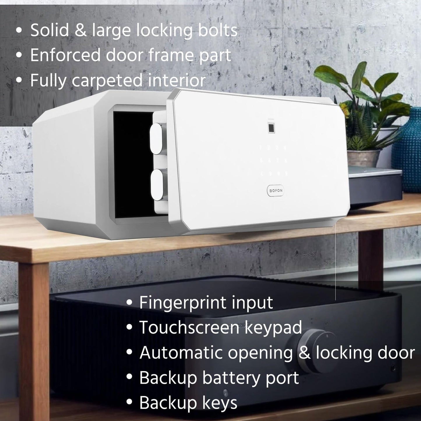 BOFON Fingerprint Password Safe Box, Security Box with Key,Safety Boxes for Home,Cabinets for Office,1.45 Cubic White