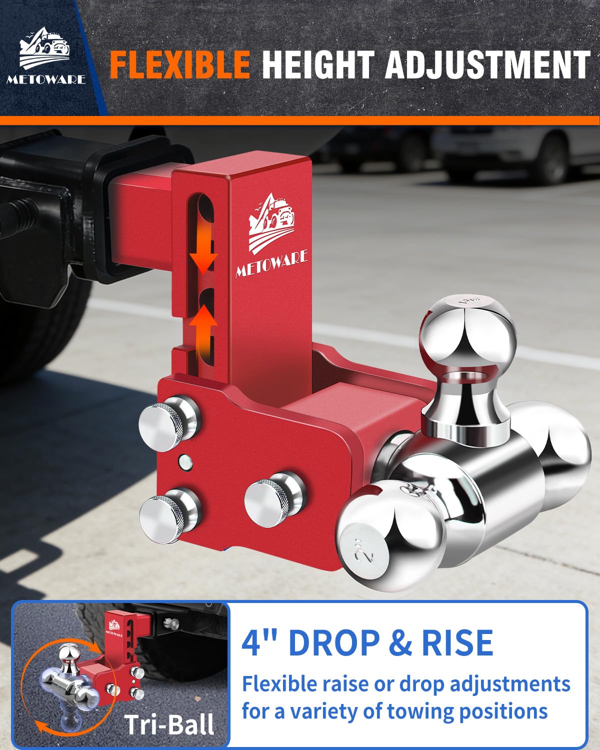METOWARE Adjustable Trailer Hitch for 2" Receiver - 14,000 LBS GTW Heavy Duty Drop Hitch, 4" Drop/Rise, Tri-Ball (1-7/8" 2" 2-5/16") STOWABLE & Secure Design with Anti-Theft Hitch Lock, Red