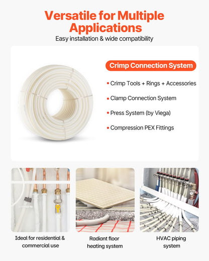 VEVOR PEX Pipe, 1 Inch x 500 FT Tubing, Non Oxygen Barrier White B Pipe, Flexible Water Line for RV Sewer Hose, Plumbing, Radiant Heating