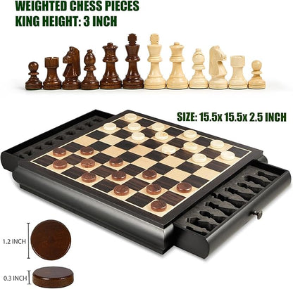 VAMSLOVE Wooden Chess Checkers Game Set 15.5 Large Size Board w/Storage Drawers Weighted Chess Pieces - 2 Extra Queens 3 King Gift for Birthday Housewarming Retirement - Black