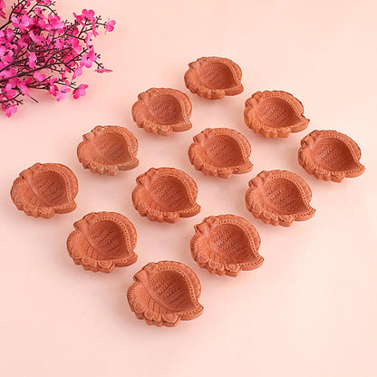 Craftsman 12 Pc Clay Diya Set, Handmade Terracotta Oil Lamps, Design 2, Brown, Model DIYA113 for Diwali Festive Decor