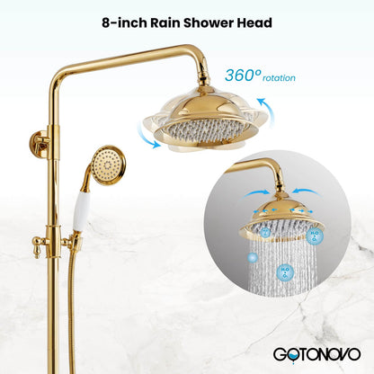 gotonovo Bathroom Exposed Shower Faucet Outdoor Shower System 8 Inch Rainfall Shower Head Set with Tub Spout and Handheld Spray Double Cross Handles Wall Mount without Shower Shelf Polished Gold