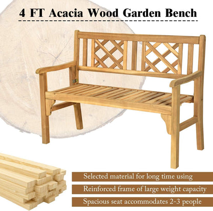 SPORFIT Rustic Garden Bench, Foldable Outdoor Bench with High Back & Armrest, 4 FT Acacia Wood Bench, 2-Person Loveseat Chair for Front Porch, Patio, Backyard & Park, Light Teak Finish