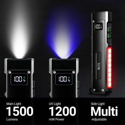 EDC Flat Flashlight, 1500 Lumens Rechargeable Pocket Flash Light with Magnetic Base, White LED, UV light, USB-C Charging for Camping, Emergency, Everyday Carry, Outdoor Working & Hiking (Ebony Black)