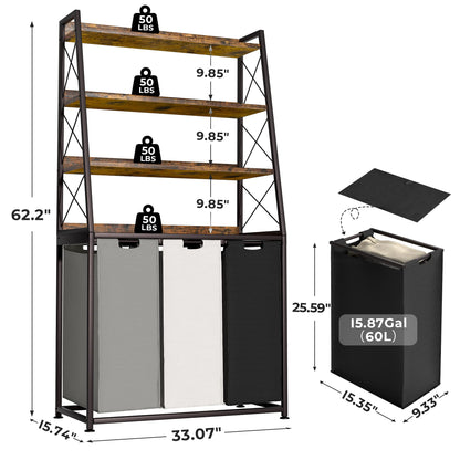 Herture Laundry Basket, 3 Section Laundry Hamper with 4 Tiers Shelf, Pull-Out and Removable Laundry Bags, Large 3 x 15.87 Gallons, for Laundry Room Bathroom Rustic Brown PF05XLN