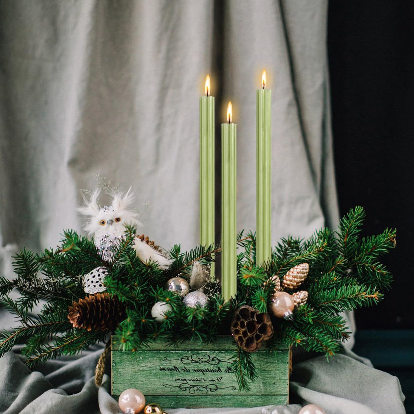 Dripless Taper Candles Unscented Grass Green Long Taper Candles Smokeless 10 Inch Roman Column Design Dinner Candlesticks for Home Decoration Holiday Gifts (2Pcs)