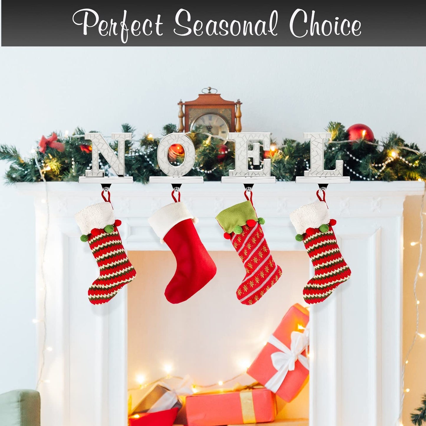 Holiday Jingle Stocking Holder for Mantle – 4pc N O E L Christmas Stocking Holders Nickel – Stocking Holders with Velvet Bottom – Durable Metal Stocking Holders