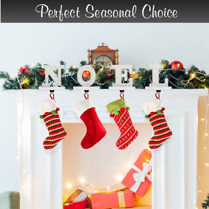 Holiday Jingle Stocking Holder for Mantle – 4pc N O E L Christmas Stocking Holders Nickel – Stocking Holders with Velvet Bottom – Durable Metal Stocking Holders