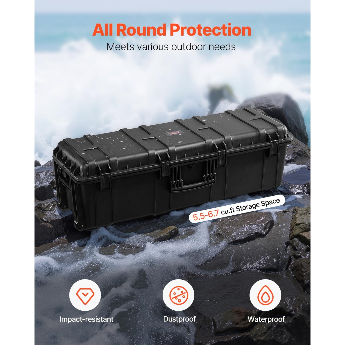 VEVOR Weatherproof Hard Case, Heavy Duty Protective Dry Box Case with Pre-Cut Foam Retractable Pull Handles for Travel, Hunt, Military, Tactical, IP67 Waterproof, for Cameras(44.09 * 15.94 * 13.46)
