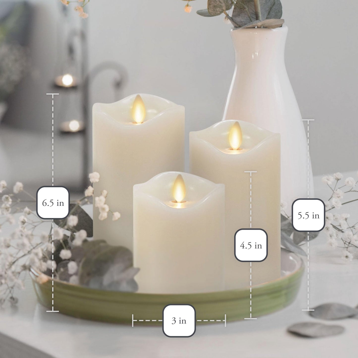 Matchless Candle Co. by Luminara Set of 3 Flameless LED Flickering Moving Flame Pillars (3" x 4.5", 5.5", 6.5"), Melted Unscented Real Wax Edge w/ Smooth Finish, AA Battery Operated, Pearl Ivory