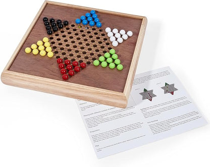 VAMSLOVE 13 Chess Chinese Checkers 2 in 1 Wooden Board Game Set with Pieces Storage Drawer - 2 Extra Queens Bonus Marbles for Birthday Gift (Instructions Included)