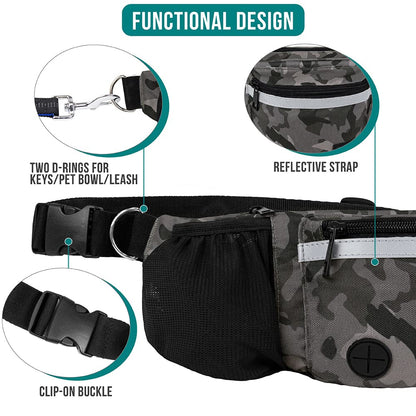 PetAmi Dog Fanny Pack, Treat Pouch for Dog Walking, Training, Built in Poop Bag Dispenser, Water Bottle Holder, Collapsible Bowl, Pet Treat Waist Belt for Hiking, Running, Kibbles (Camo Black)
