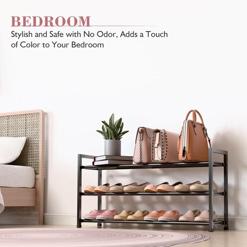 Bumusty Expandable Shoe Rack - 3-Tier Adjustable Organizer for Small Spaces | Sturdy Metal, Black (18"-33")