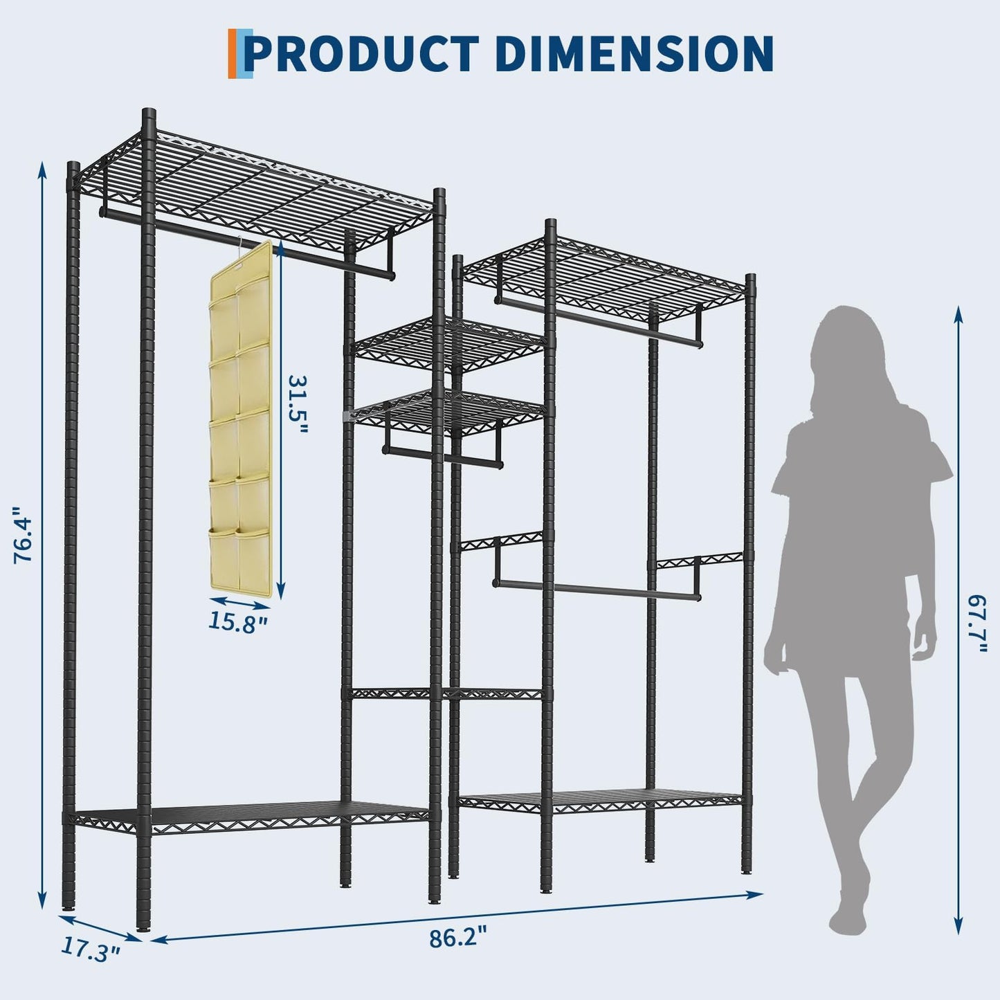 GarveeHome Heavy Duty Metal Clothes Rack – Adjustable Shelves, Freestanding Portable Wardrobe Organizer, Commercial Closet System for Garment Storage, Max Load 1210 LBS, Black – 86.2 x 17.3 x 76.4