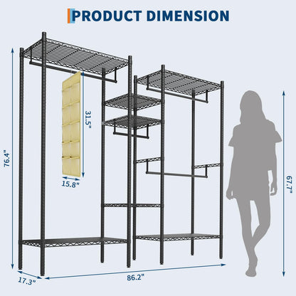 GarveeHome Heavy Duty Metal Clothes Rack – Adjustable Shelves, Freestanding Portable Wardrobe Organizer, Commercial Closet System for Garment Storage, Max Load 1210 LBS, Black – 86.2 x 17.3 x 76.4