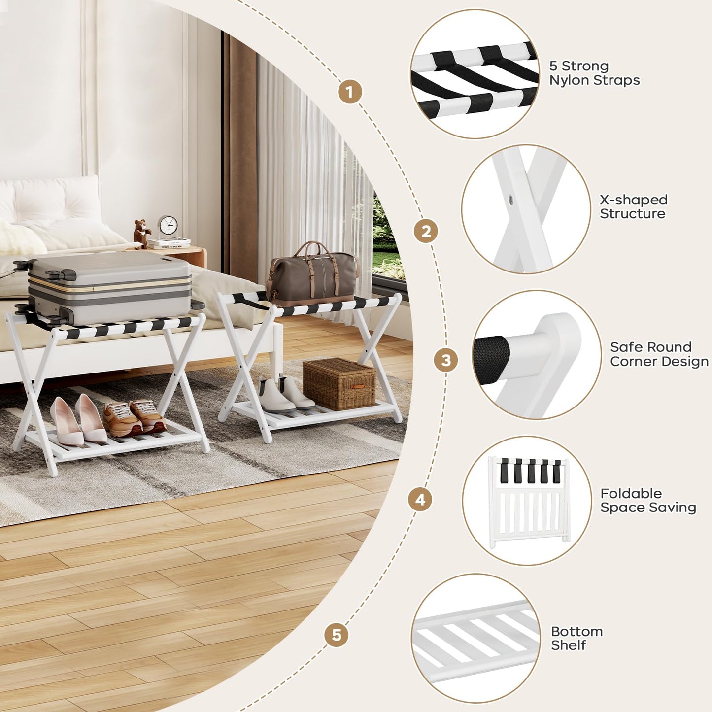 Oakvora Luggage Rack for Guest Room - Set of 2 Full Assembled 26.77" L Luggage Rack Stand for Suitcases, Foldable Luggage Holder with Shoe Shelf for Bedroom, Hotel (White Bamboo Suitcase Stands)