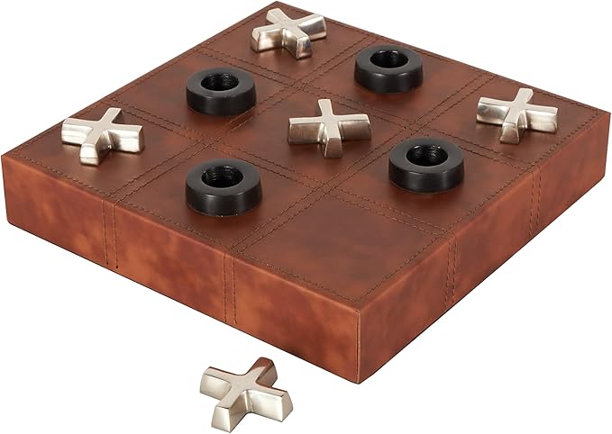 Deco 79 Faux Leather Tic Tac Toe Home Decor Game Set Decorative Board Game with Black and Silver Pieces Board Game 12 x 12 x 3 Brown