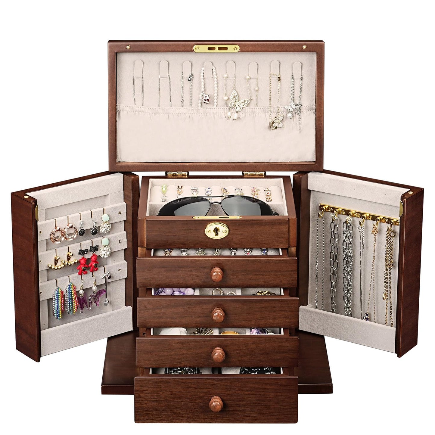 Artisticbox Lockable Wooden Jewelry Box for Women - 8-Layer Dresser Top Jewelry Boxes and Organizer with Key,Large Storage for Necklaces,Solid Wood Jewelry Organizers with Necklace Hooks