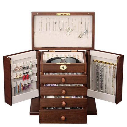 Artisticbox Lockable Wooden Jewelry Box for Women - 8-Layer Dresser Top Jewelry Boxes and Organizer with Key,Large Storage for Necklaces,Solid Wood Jewelry Organizers with Necklace Hooks