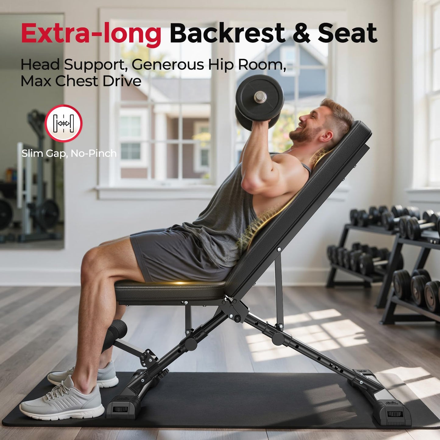 FLYBIRD WB5 Weight Bench, ASTM-Certified 800LBS Adjustable Weight Bench Workout Bench Foldable for Home Gym, 90° to -30° FID and 30in Extended Backrest for Bench Press Strength Training Exercise