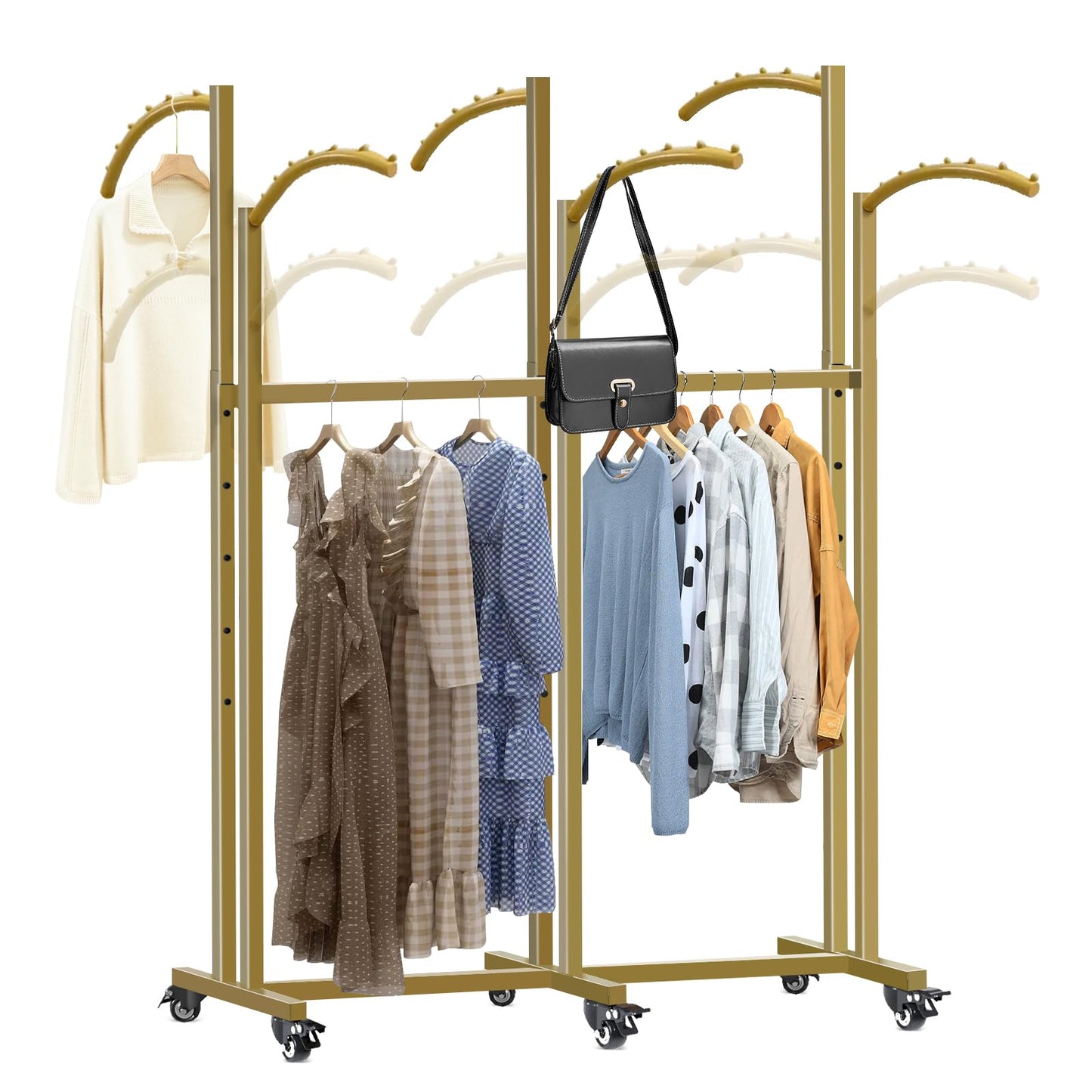 Vrietina Floor Standing Metal Garment Rack, 6 Arms Clothing Display Rack with Wheels, Heavy Duty 48'' to 67'' Adjustable Height Retail Clothes Rack Rolling Shirt Rack for Hanging Clothes, Gold