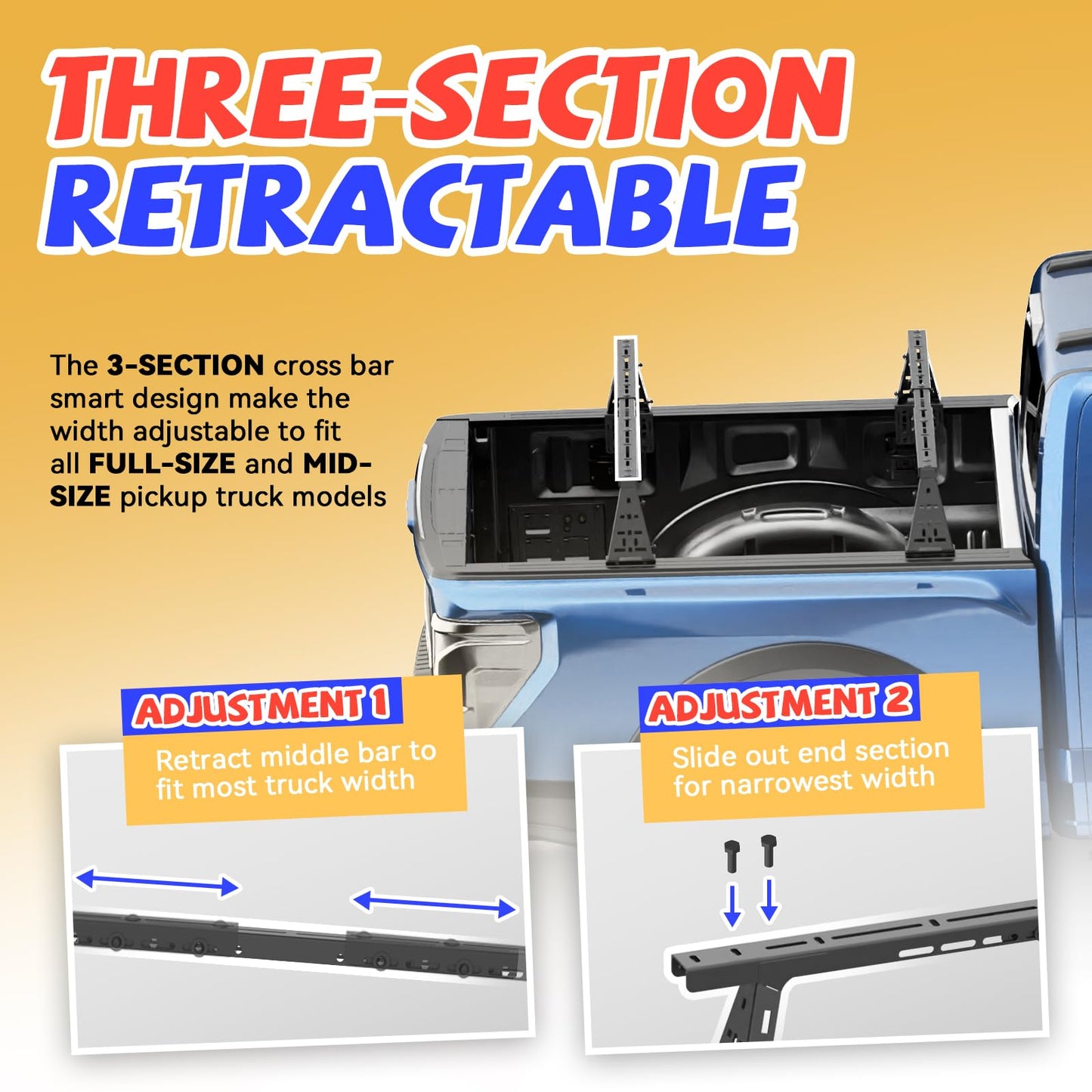 Truck Bed Adjustable Cross Bars for Pickup Trucks, Wide Width Adjustment, No-Drills Needed Installation (Not for Any Bed Cover), 95034D