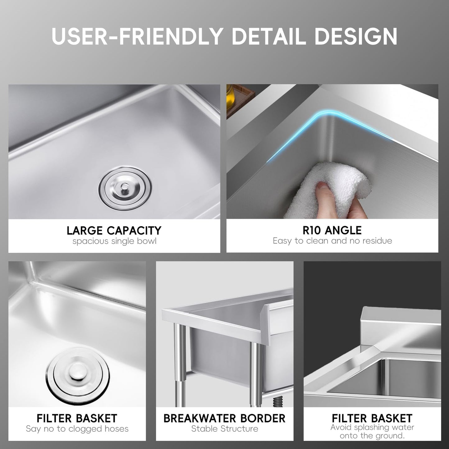 Garvee Outdoor Freestanding Stainless Steel Utility Sink, Commercial Single Bowl Prep Sink with Backsplash for Kitchen, Restaurant, Laundry, Garage, Bar & Workshop – Easy Clean & Anti-Splash Design