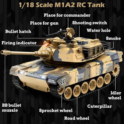 1/18 US M1A2 Army Tank 2.4GHz Remote Control Model Toys Smoke &amp Sound &amp LED Lights &amp Recoil Effects. RC Tank Perfect Collectible6+ Gift Kids and Adults