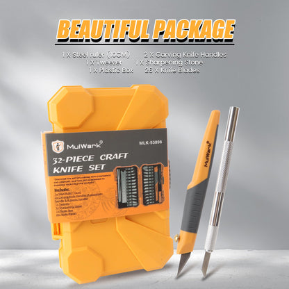 MulWark 32-Piece Precision Hobby Knife Set - Exacto Knife Set For Modeling - Craft Knife Handle Customized With Chiseling, Stencil Edge And Fine Point Blades With Sharpening Stone And Steel Ruler